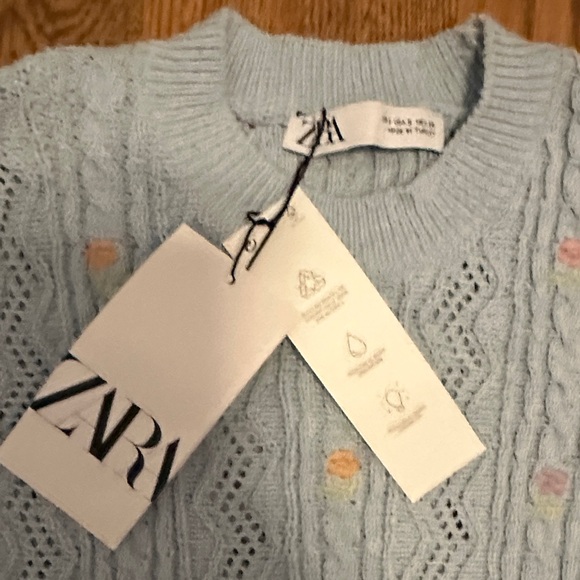 Zara Pastel Blue Knit Top with Floral Accents - Picture 3 of 11